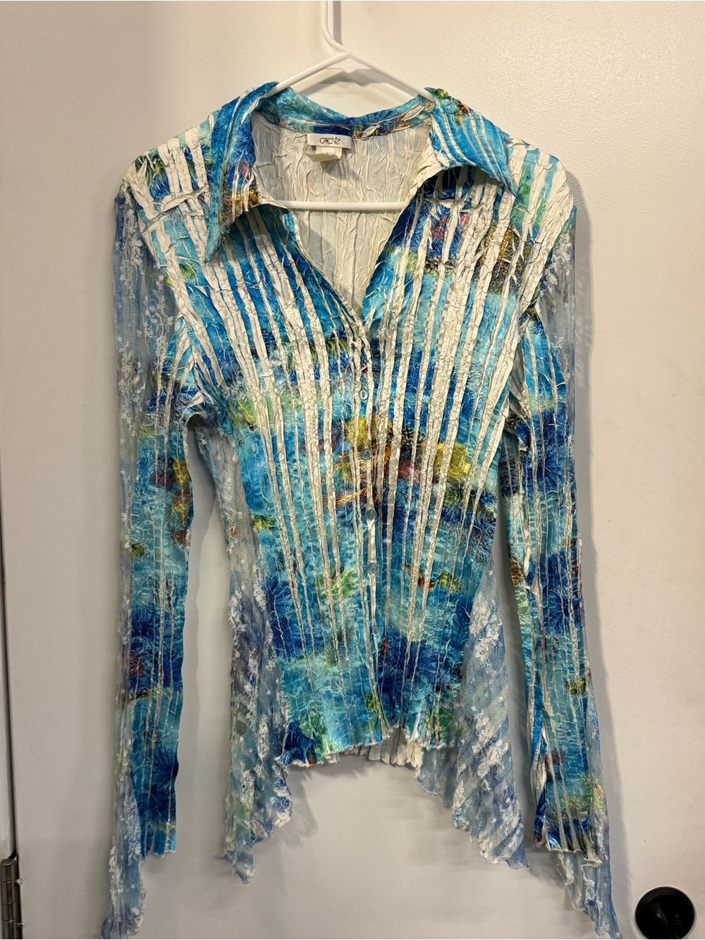 Cache Y2K Crinkle Mesh Lace Mermaid Fairycore Ocean Print Bell Sleeve Top L